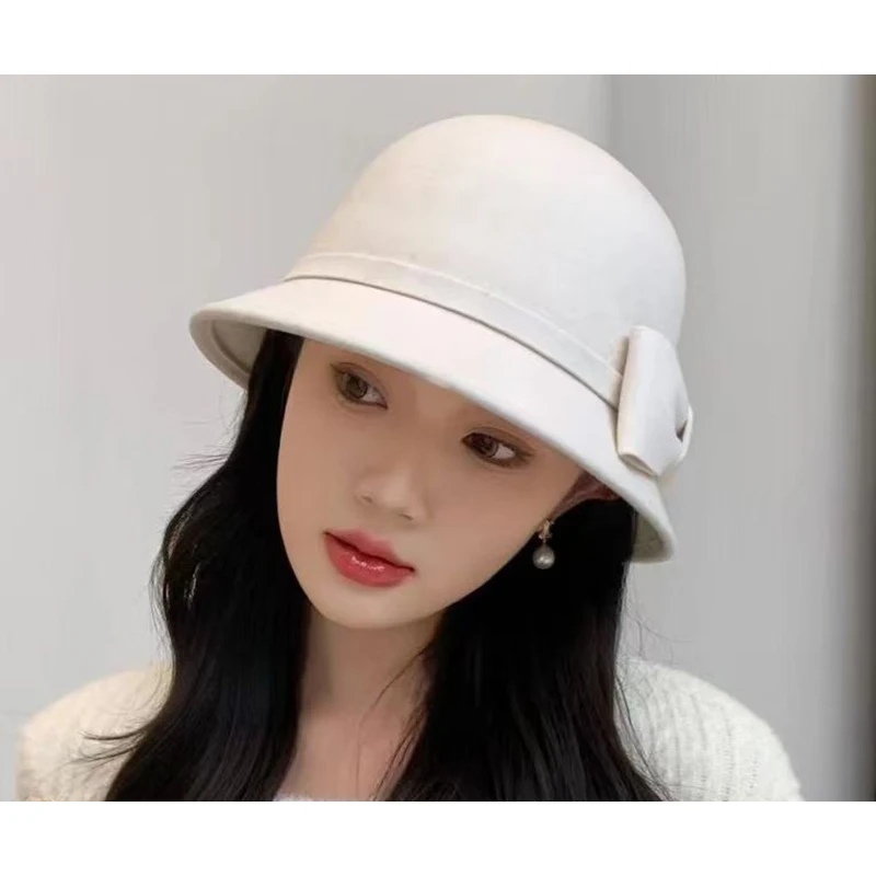 Luxury Bowknot White Cloche Hat For Women Elegant French Vintage Bucket Hat Autumn Winter High‑End Fashion Lady Face Flattering