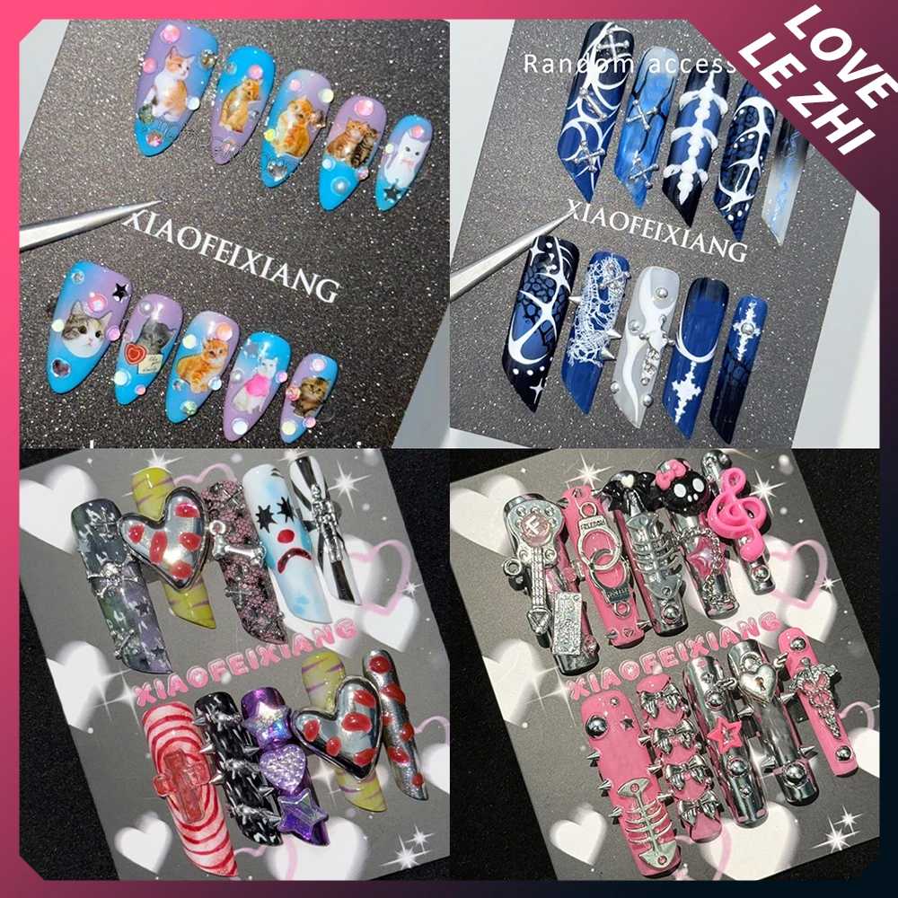 

Spicy Girl Xl Long Square Stiletto Handwork Press On Nail Y2K Punk Style Anime Heavy Metal Bowknot Diamond Reusable False Nail
