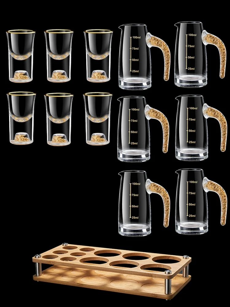 Gold Foil Glass White Wine Cup Set Luxury Home Use Small Liquor Cup with Stand Chinese Style Pure Color Single Cup Series