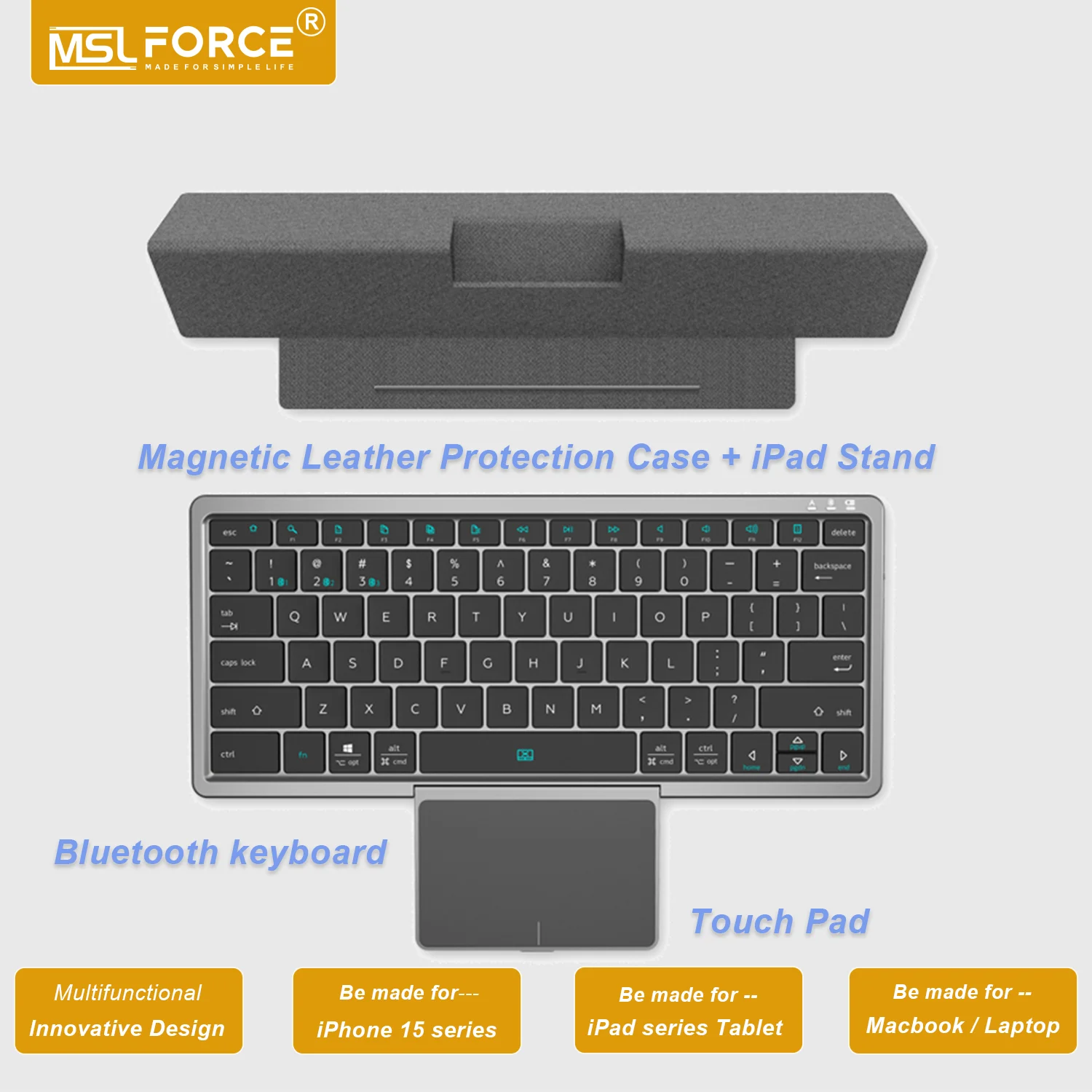 

3 Channels Bluetooth Keyboard with Big Touchpad Rechargeable Folding Wireless Keyboard for Tablet iPad Laptop Foldable Case