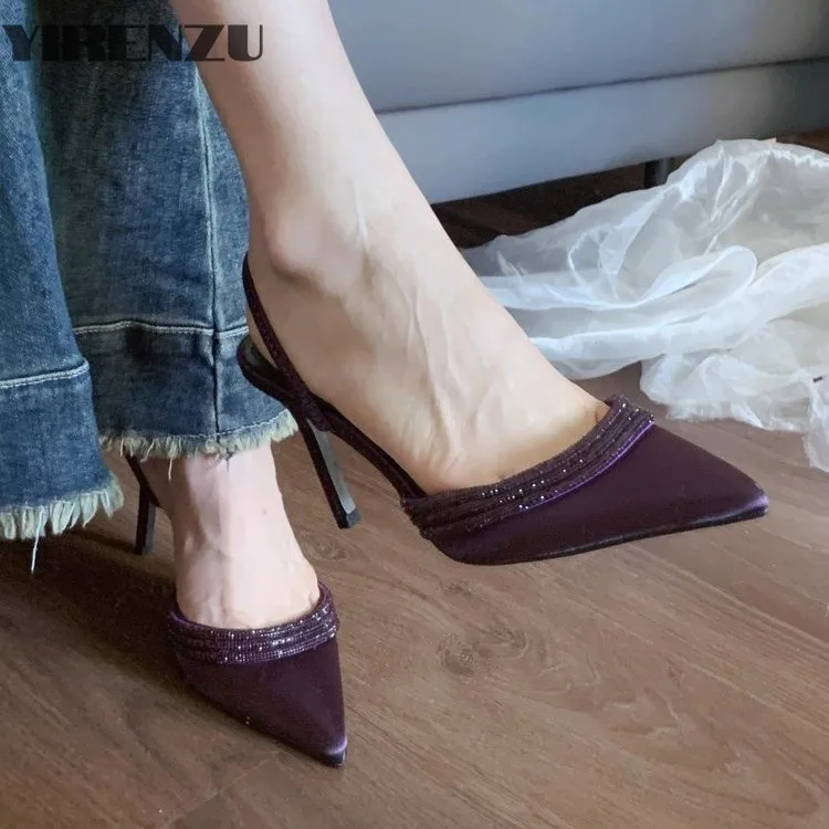 Elegant Purple Crystal Trim Slippers Design For Women Clear Wrap High Heel Shoes Summer Ladies Pointy Toe Outdoor Satin Slippers