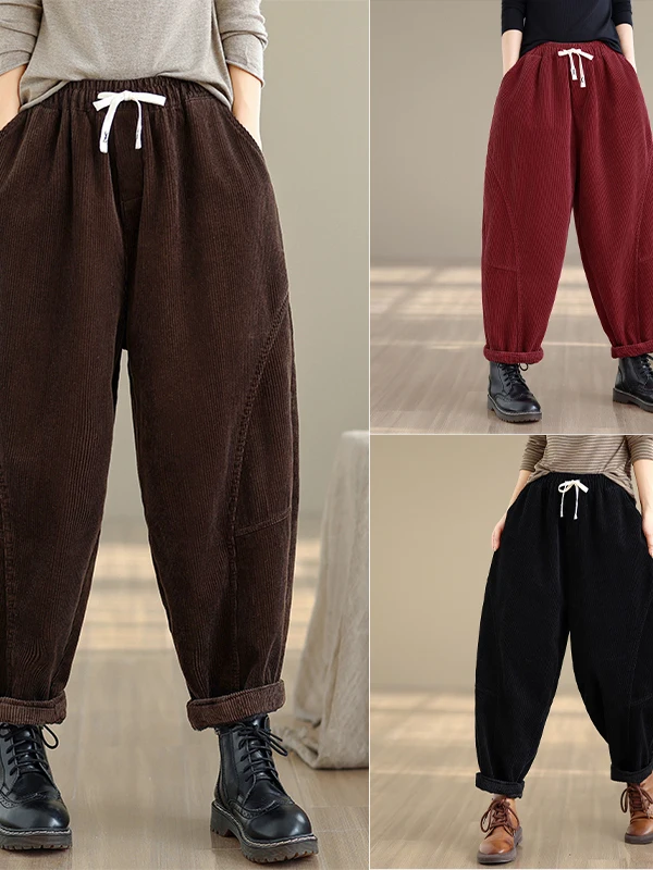 Fce doublé Thi velours côtelé papa pantalon femmes hiver chaud grande taille ample rayé décontracté Harlan pantalon confortable coupe ample