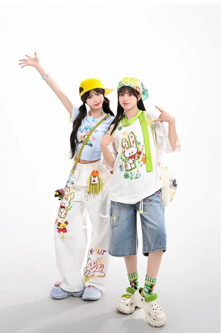 White Women's Jeans Cartoon Print High Waist Straight Jeans Wide Leg pant Loose Pocket Casual Pants Women 2025 New Summer