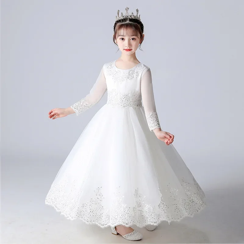 Spring Autumn Party Dress for Kids Girl Lace Long Sleeve Children Girls Sequin Dress Fashion Solid Color Girls Dresses 4-13Years