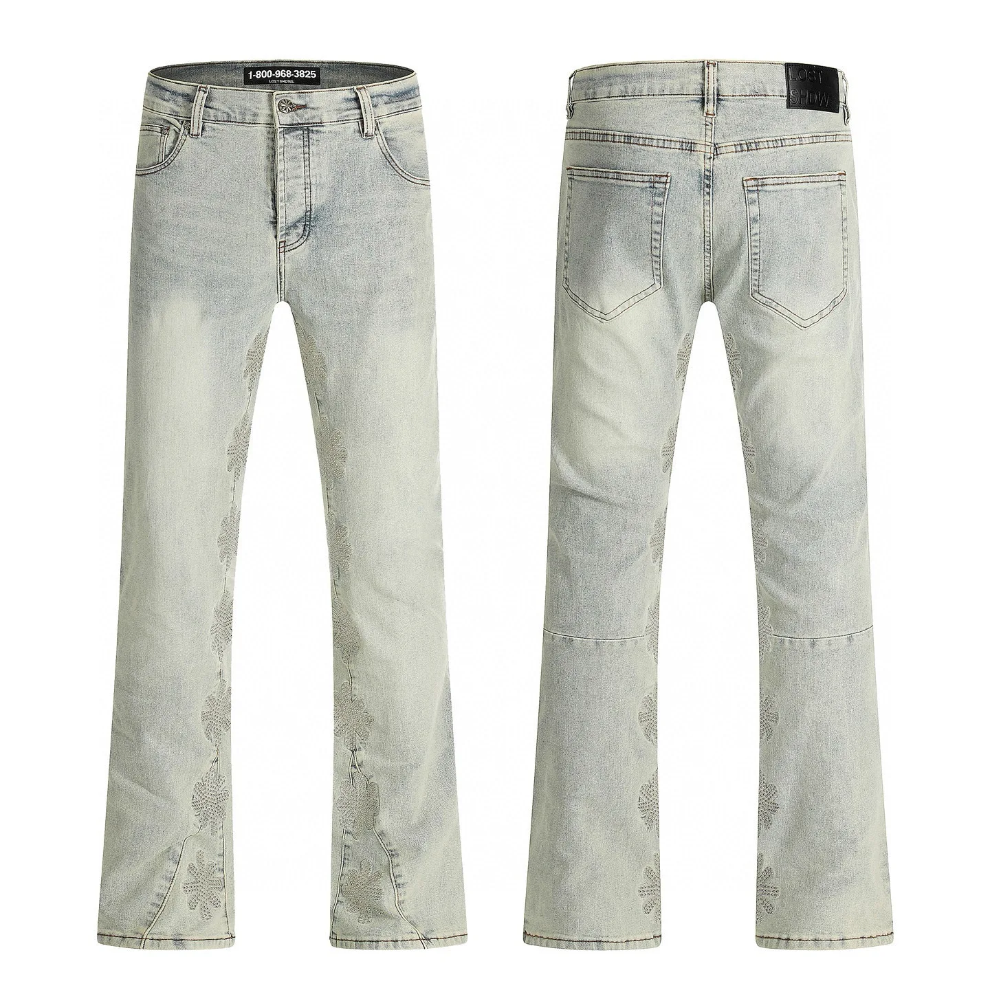 LOSTSHDWS JEANS Sunflower Heavy-Duty Rhinestone-Embellished American-Style High-Street Washed Slightly Flared Jeans