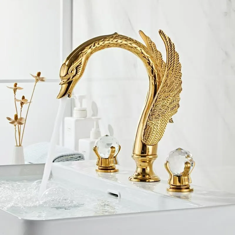 

Gold Swan Bathroom Faucet Hot and Cold Crystal Handle Three Hole Creative Luxury Swan Bathroom Cabinet Faucet