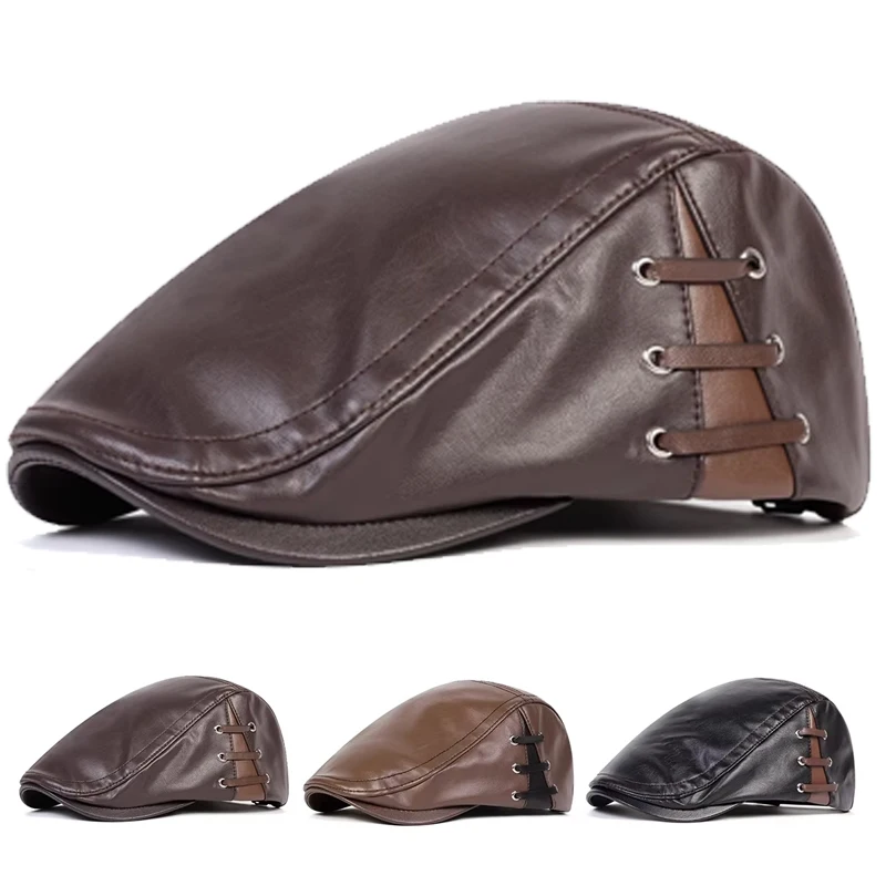 Herren Retro PU-Leder Einfarbige Newsboy Caps Britische Malerhüte Frühling Herbst Seitlich Verstellbare Flache Mütze Hip-Hop-Baskenmützen