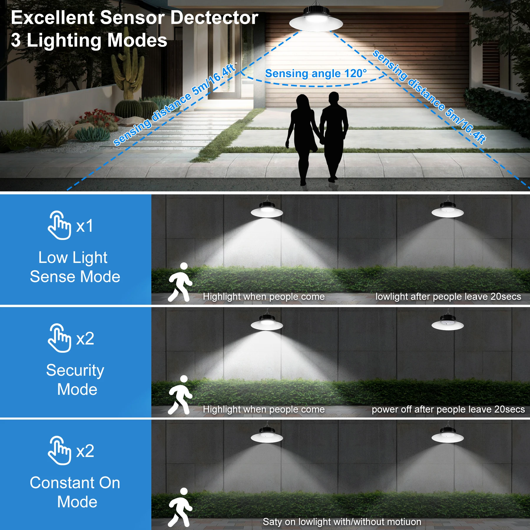 Luz pendente solar ao ar livre com sensor de movimento, lâmpada para garagem Shed, quintal, IP65 impermeável, modo 3 cores, 1, 2 pcs