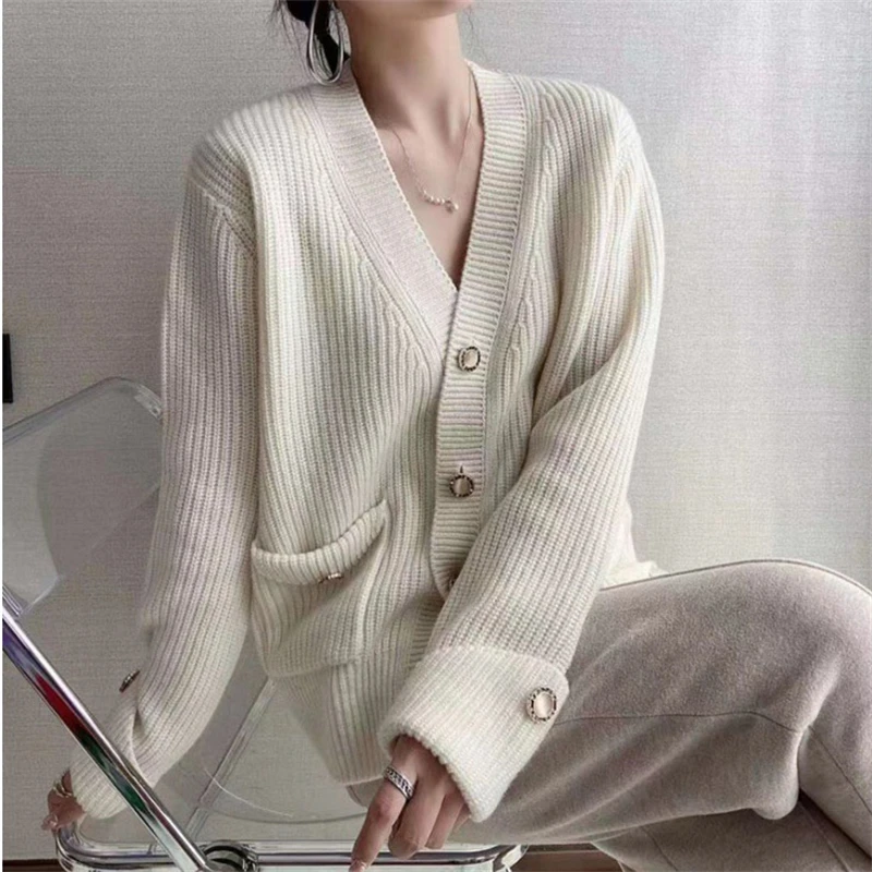 V-neck Loose Spring Fall Knitted Cardigan Casual Long Sleeve Knitwears Jacket Korean Fashion Sweater Women Vintage Tops New