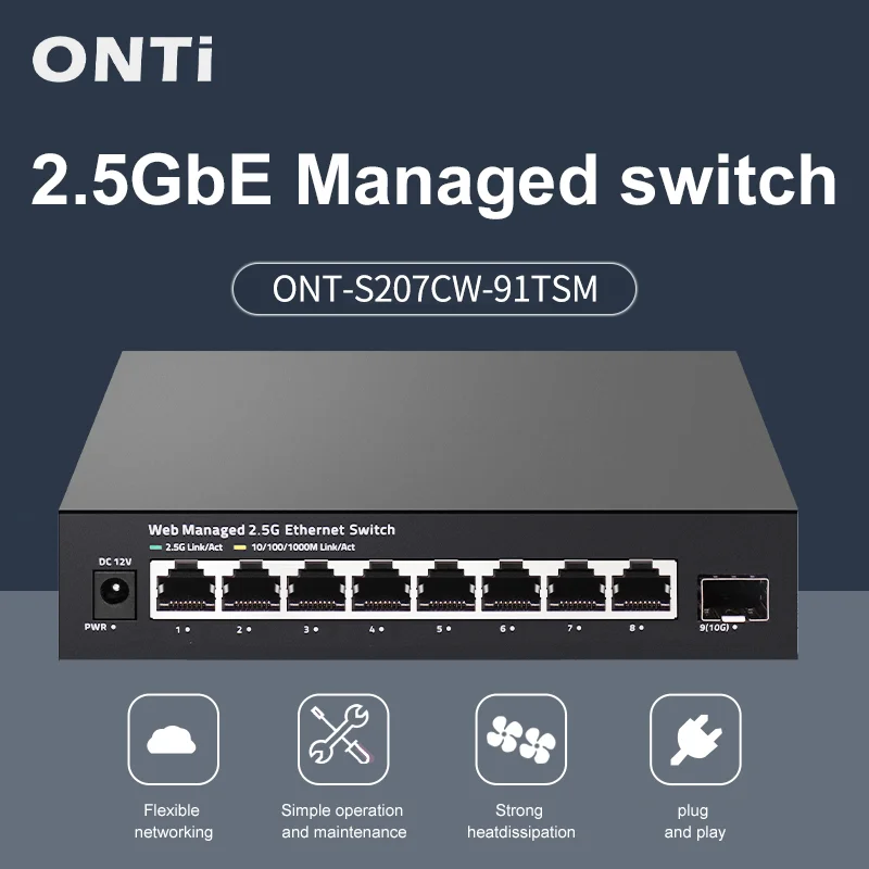 ONTi 2.5GbE Managed Switch 8 Port 2.5GBASE-T Network Switcher 10G SFP+ Slot Uplink Web Managed Hub Internet Splitter Fanless