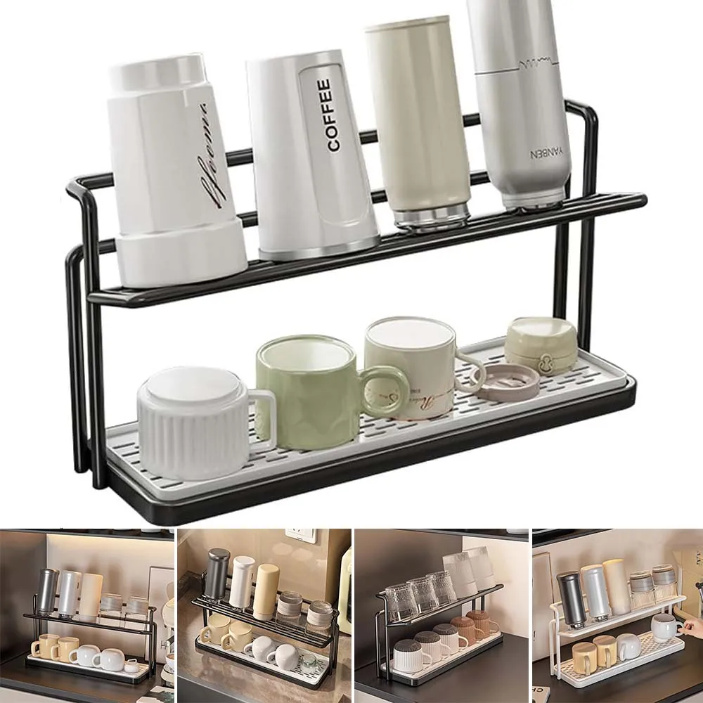 

Metal Cup Organizer with Drain Tray Countertop Mug Storage Rack Kitchen Organizer Space Saving 2 Tier Cup Holder for Mugs Cups