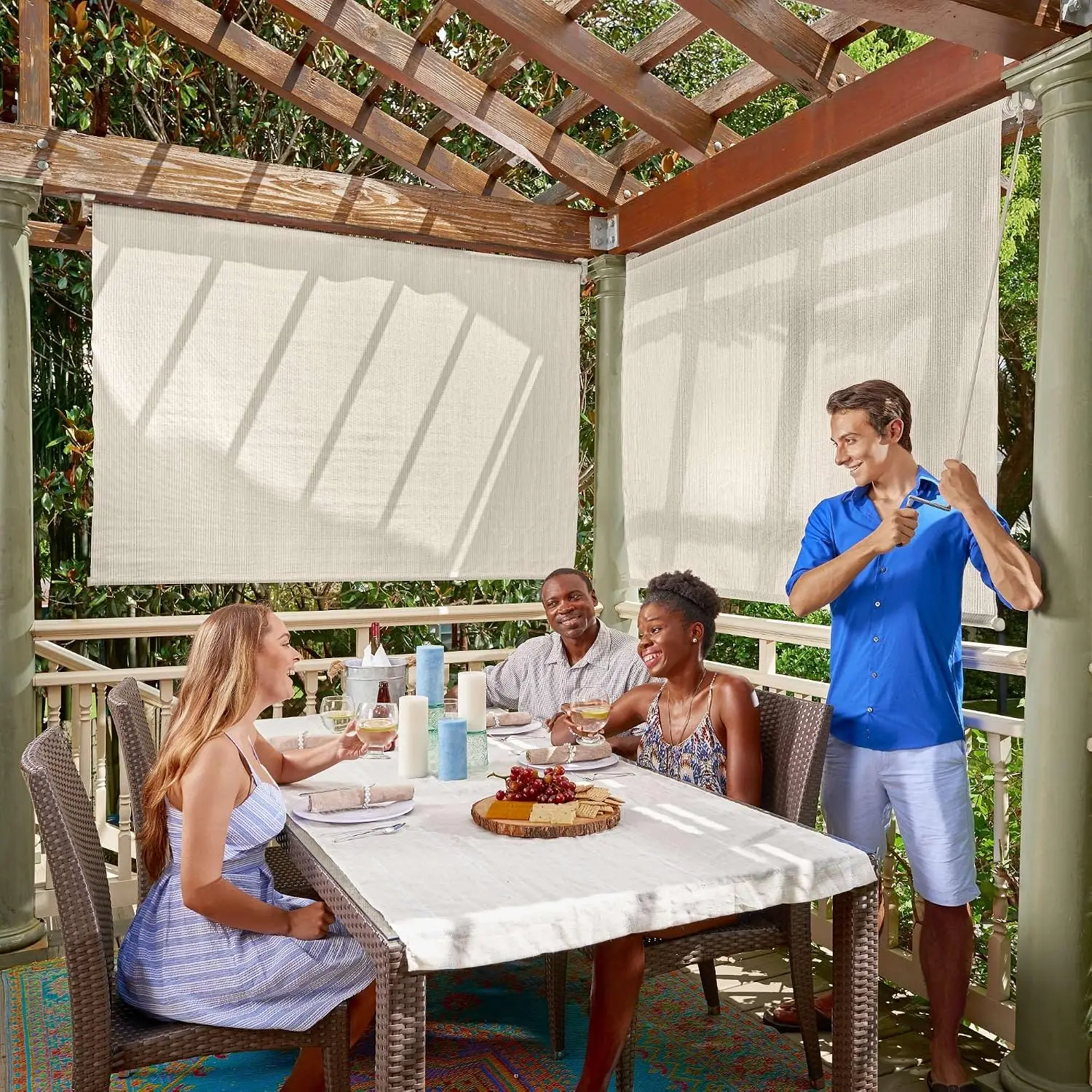 Outdoor Roller Shade With Wand Light Filtering Sun Shade Screen Breathable Weather Resistant Sunshade Blind For Patio Porch Deck Pergola Garden Pebble