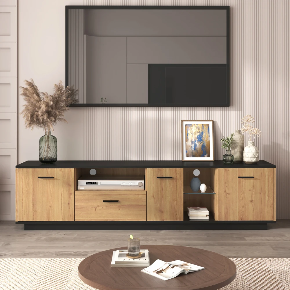 ​ ​ Meuble TV moderne 180 cm avec vitrine en verre et réglage. LED - Unité de rangement couleurs bois noir et naturel avec 3 portes + 1 tiroir