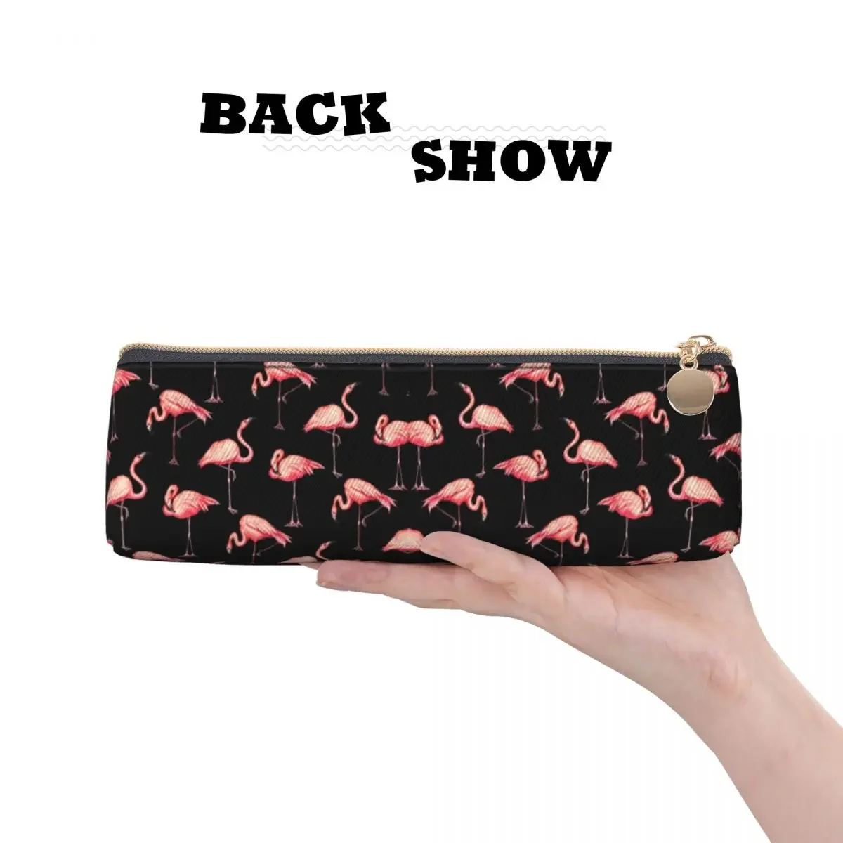 Trousse à crayons motif flamant rose, sac portable Kawaii noir pour filles et garçons, étuis d'école rétro à fermeture éclair, papeterie personnalisée