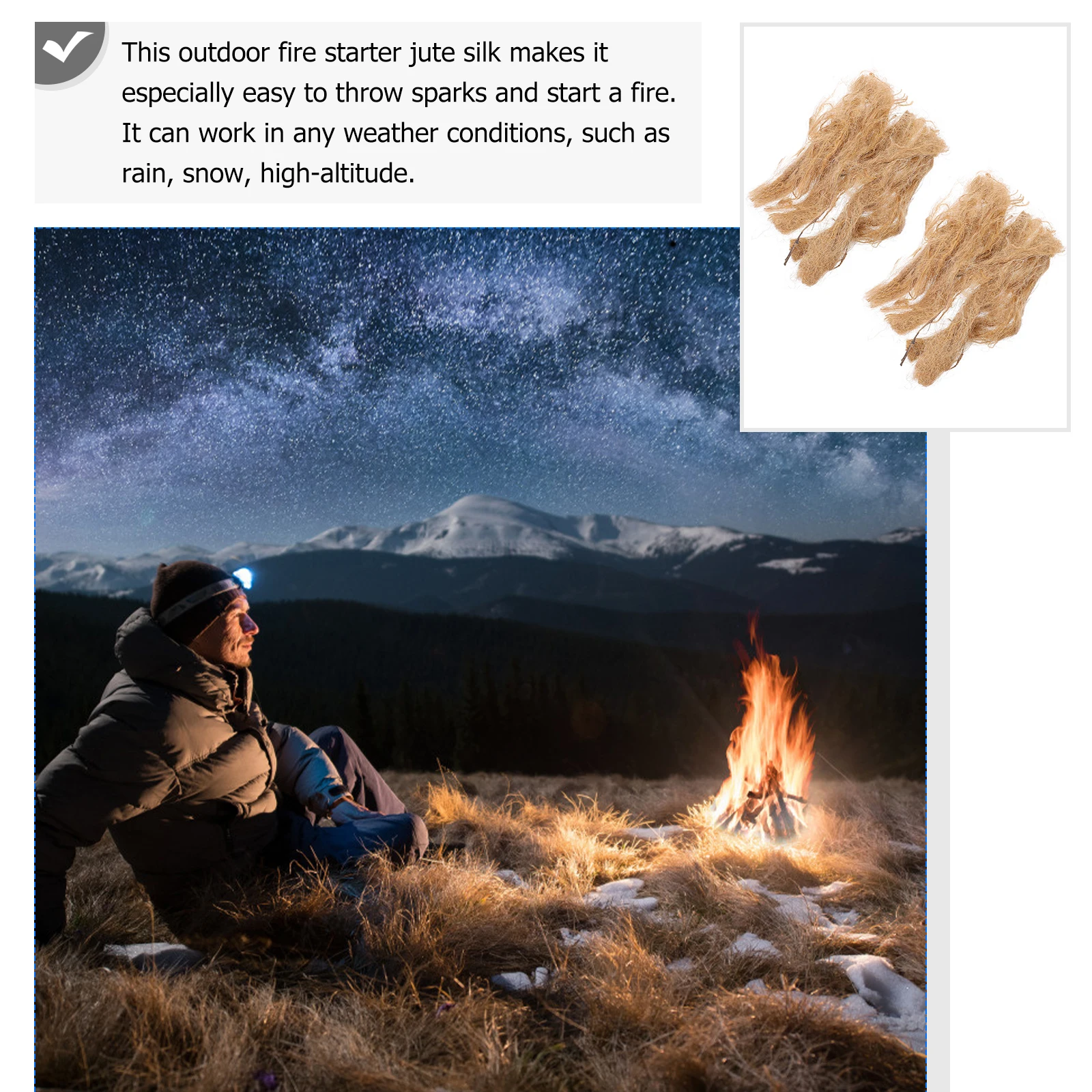 

2 Packs Large Size Jute Silk Fire Starter Outdoor Camping Self Carbonizing Easy Sparks Any Weather Conditions