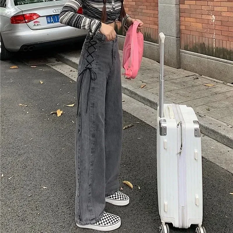 

Fashionable Side Bandage Straight Jeans Women's Clothing Wide Leg Denim Pants Casual High Waist Button Vintage Loose Trousers