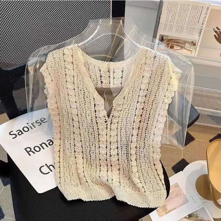 

Openwork Crochet V-Neck Vest Knitted Sweater Summer New Design Sleeveless Top