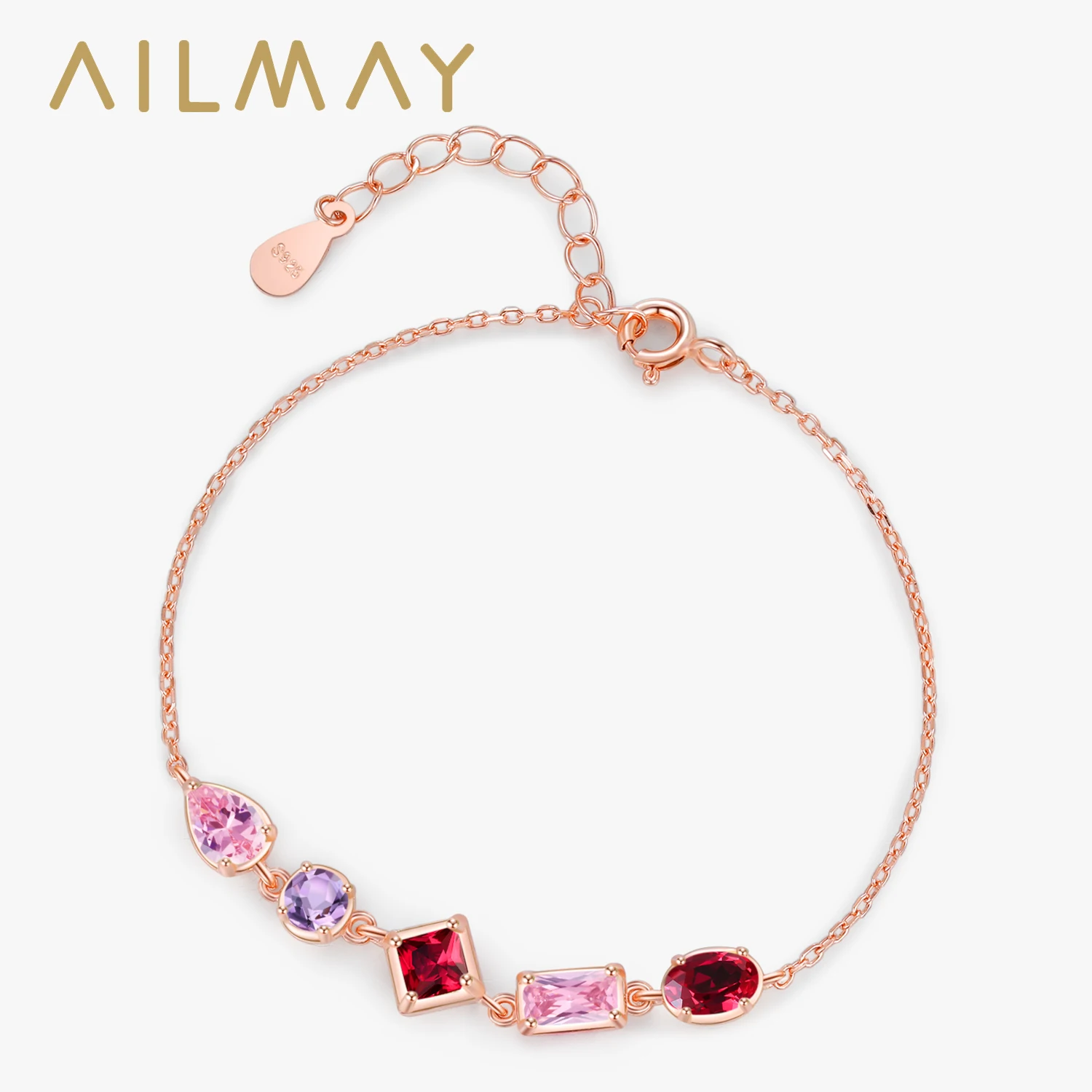 

Ailmay 925 Sterling Silver Sweet Pink Purple Geometric Design Chain Bracelet For Women Romantic Wedding Jewelry