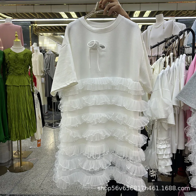 Chic ผู้หญิงตาข่าย Spliced Ruffles เสื้อยืดฤดูใบไม้ผลิฤดูร้อนผ้าพันคอจีบ 3D Bowtie Tees หลวมแขนสั้นเส้นด้าย Tops ...