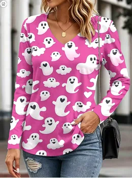 Halloween Women's T-Shirt Pumpkin Print Autumn Long Sleeve T-Shirt Casual V-Neck Tops Outdoor Comfortable holiday Woman Clothing 6