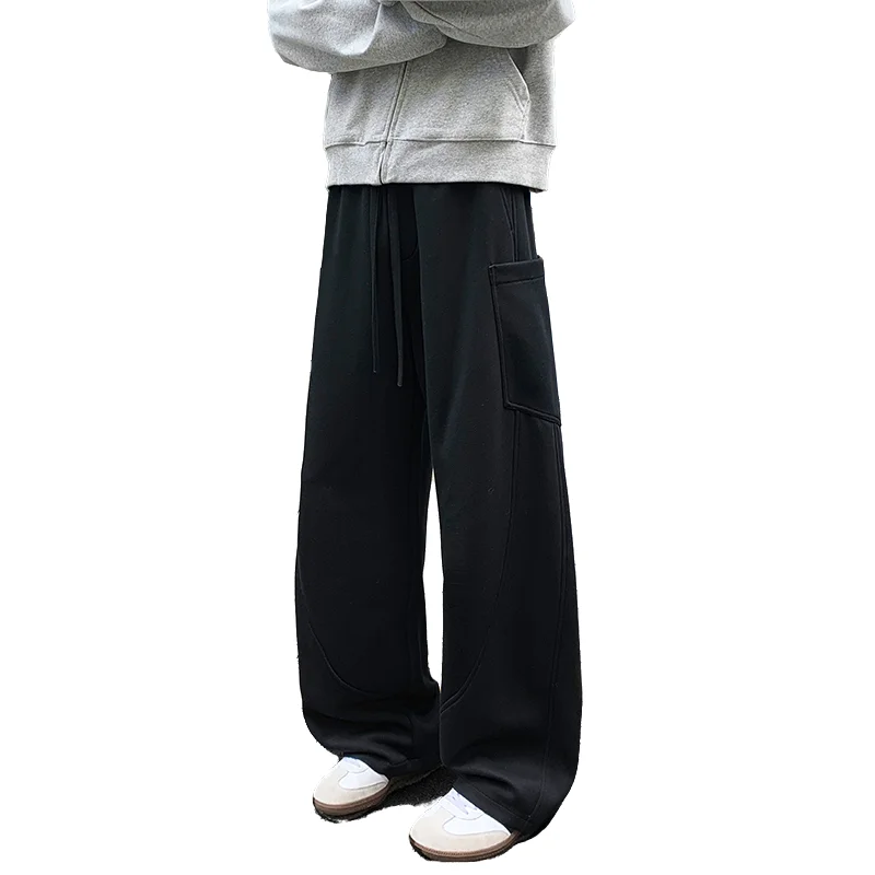 Men's Curved Pants Spring Autumn Fashion Solid Color Breathable Cotton Blend Large Pocket Casual Trousers Urban Wear Streetwear