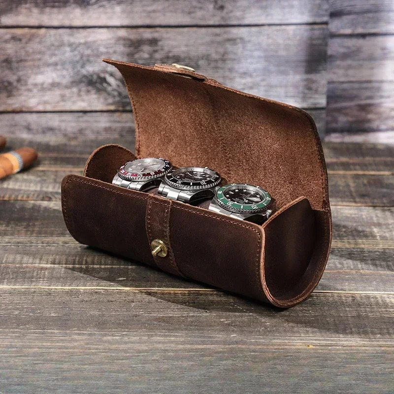 

Leather Watch Box Vintage 3 Slot Handmade Watch Case Round Buckle Watches Storage Bag Travel