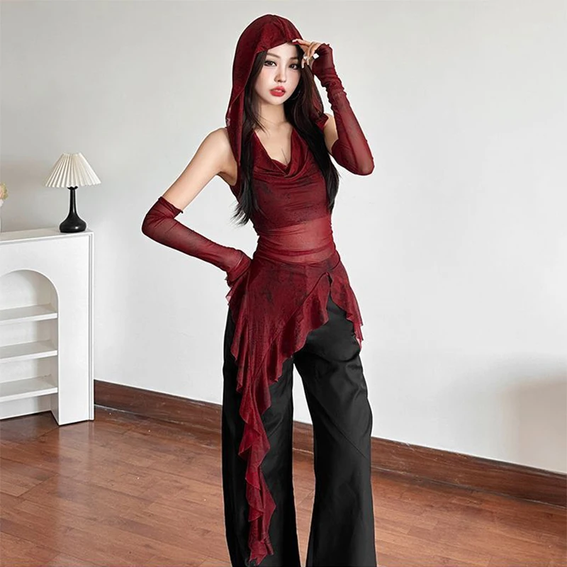 Rüschen Langarm Sexy T-Shirts Mode Frauen Y2K Unregelmäßige Asymmetrische Koreanische Crop Tops Casual Sheer Mesh Herbst Chic Tees