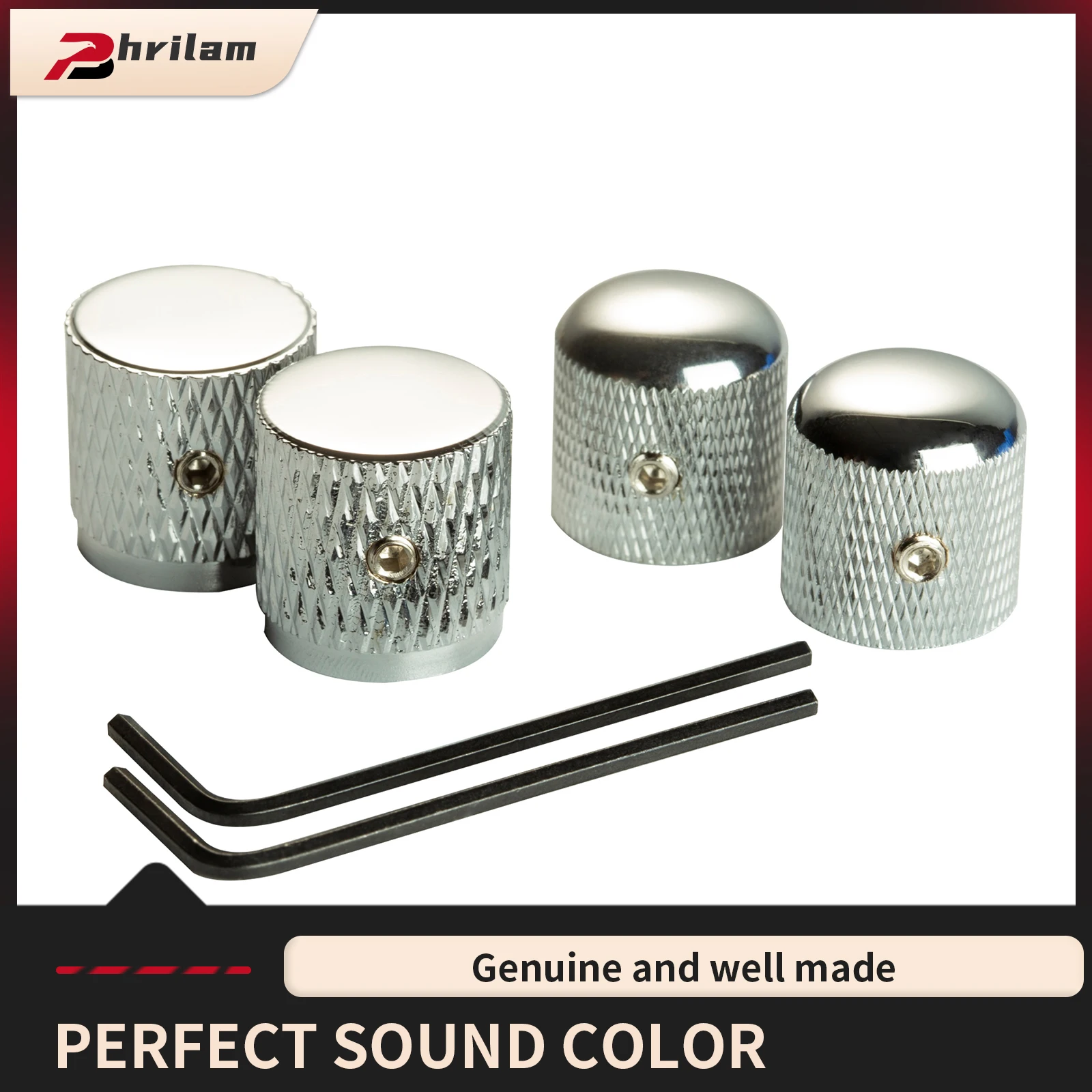 PHRILAM Perillas TL moleteadas de acero de 6 mm con tornillo de fijación para bajos TL o Precision, cromadas (juego de 4) con tornillo de llaves Allen
