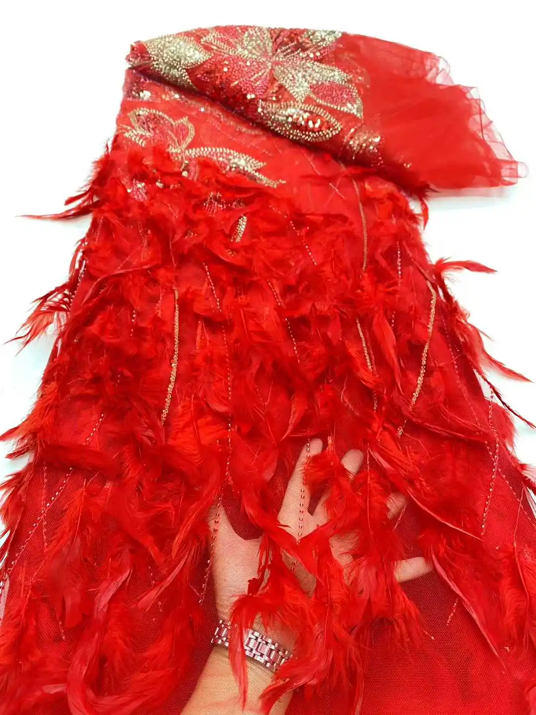 

2025 New Design 3D Feather African Tulle Lace Fabric High Quality Lace With Beaded And Sequins Nigerian Lace Fabric For Dresses