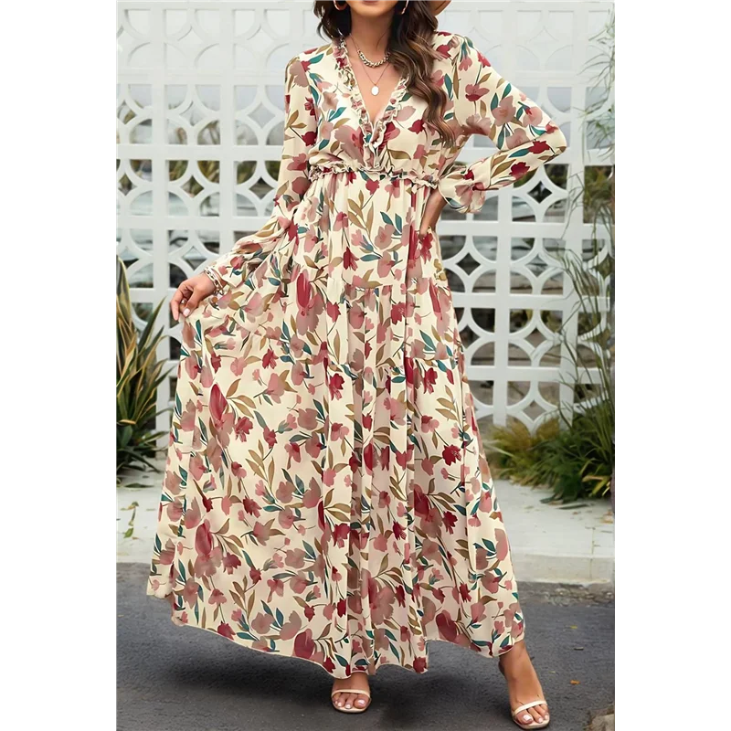 فستان بوهو ماكسي نسائي برقبة على شكل V وأكمام طويلة وكشكشة على شكل حرف A فساتين شيفون متأرجحة