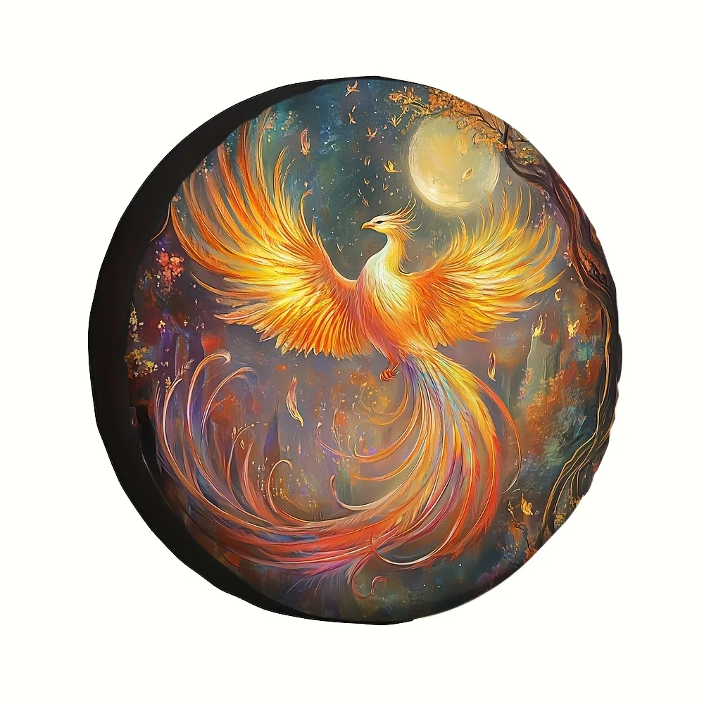 Golden Phoenix Full Moon Vintage Oil Painting Spare Tire Cover