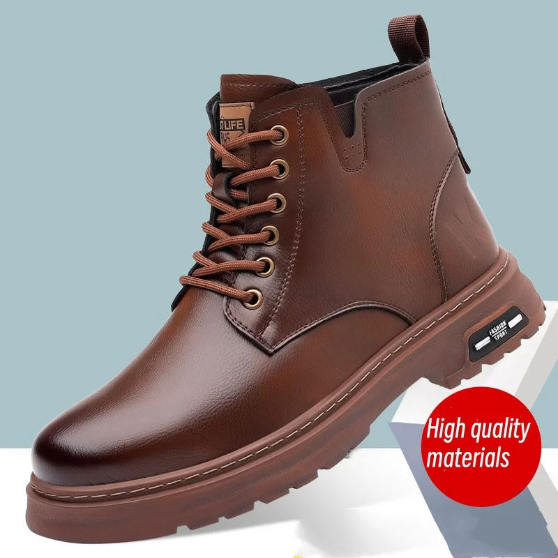 

Genuine Leather Men's Boots Plush High Top Work Boots Chaussure Homme Bota Masculina Bottines À Lacets Homme Sapatos Masculinos