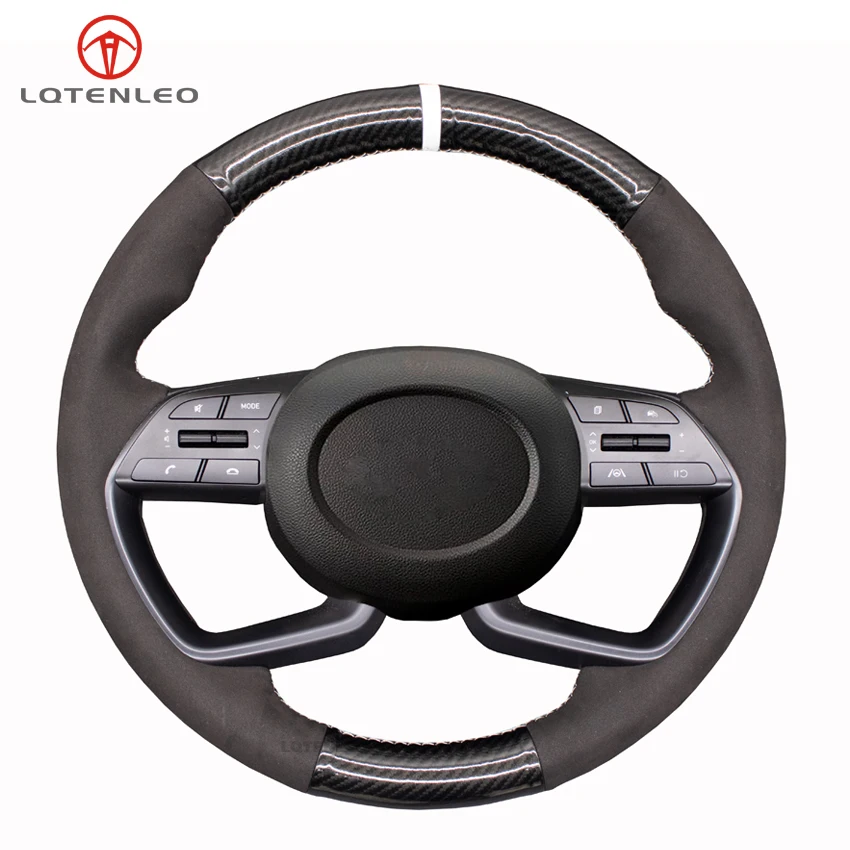 

LQTENLEO Black Carbon Fiber Suede Hand-stitched Soft Car Steering Wheel Cover For Hyundai i20 III 2020-2022 Bayon 2021-2022