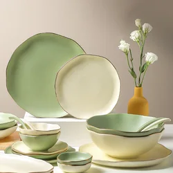 Light Luxury Nordic Phnom Penh Green Rice White Tableware, Ceramic Kitchen Supplies, Rice Soup Bowl, Salad Dessert Plate, 1Pc