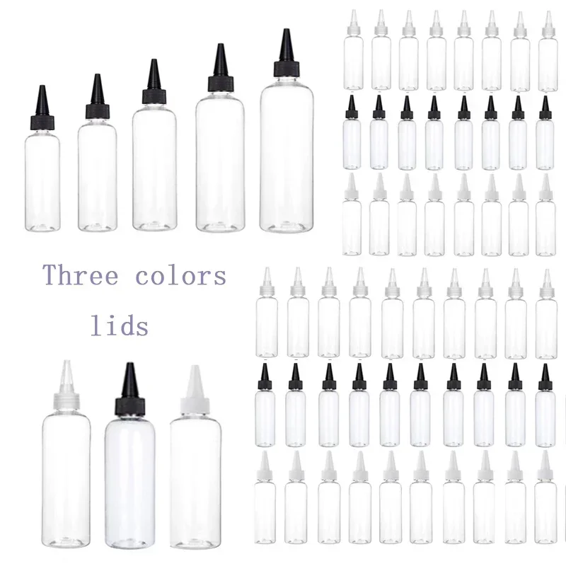 

100 шт. пустых прозрачных пластиковых бутылочек объемом 10-100 мл с заостренной крышкой, многоразовые флаконы-капельницы для клея, чернил, краски, DIY