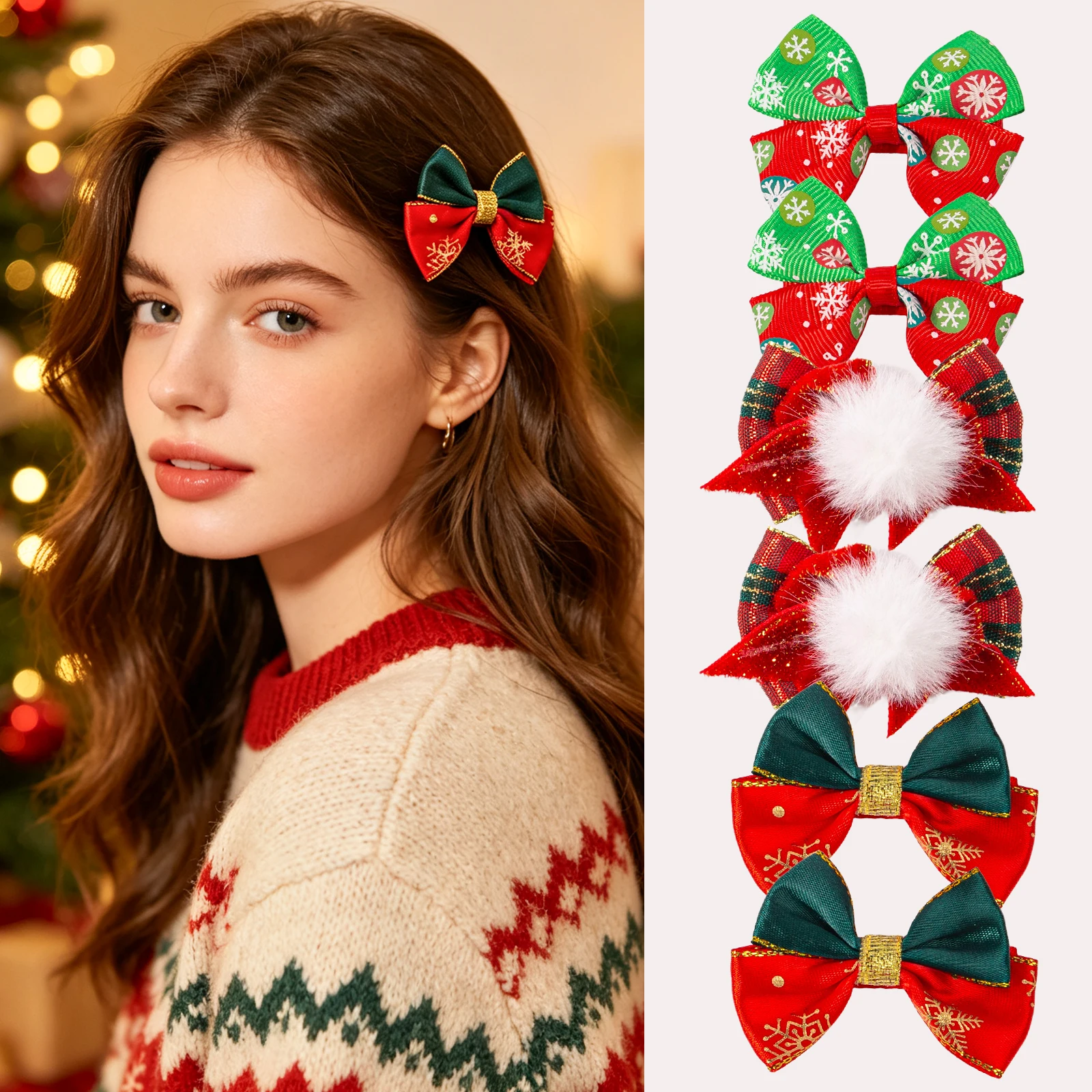 6個入りクリスマスボウヘアクリップ、雪の結晶柄、チェック柄、ポンポン付きボウヘアピン、クリスマスフェスティバルパーティーヘアアクセサリー、女性・女の子向け 1