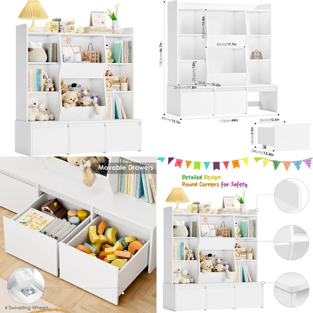 Детский шкаф для хранения игрушек и книг с 3 регулируемыми ящиками и полками для организации комнаты для малышей