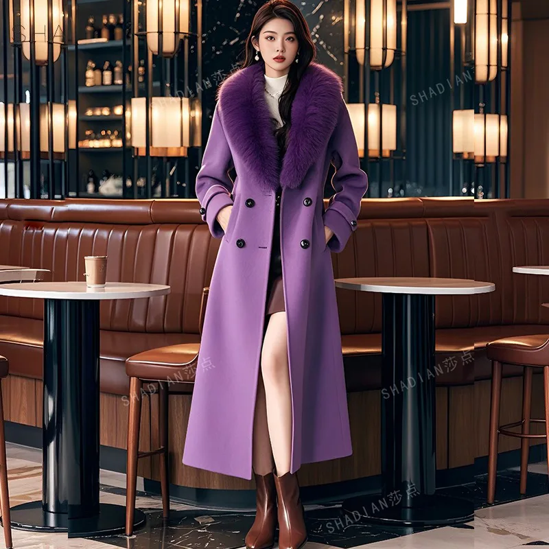 

New Women Autumn Winter Cotton Liner Woolen Coat Fashion Fur Collar Double Breasted Slim Wool Blends Coat Elegant Thick Coat