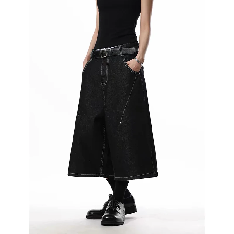 YIBASHU Summer Women American Retro Punk Black Denim Shorts Y2K 2000s Japanese Harajuku Jorts Jeans Calf-Length Pants Streetwear