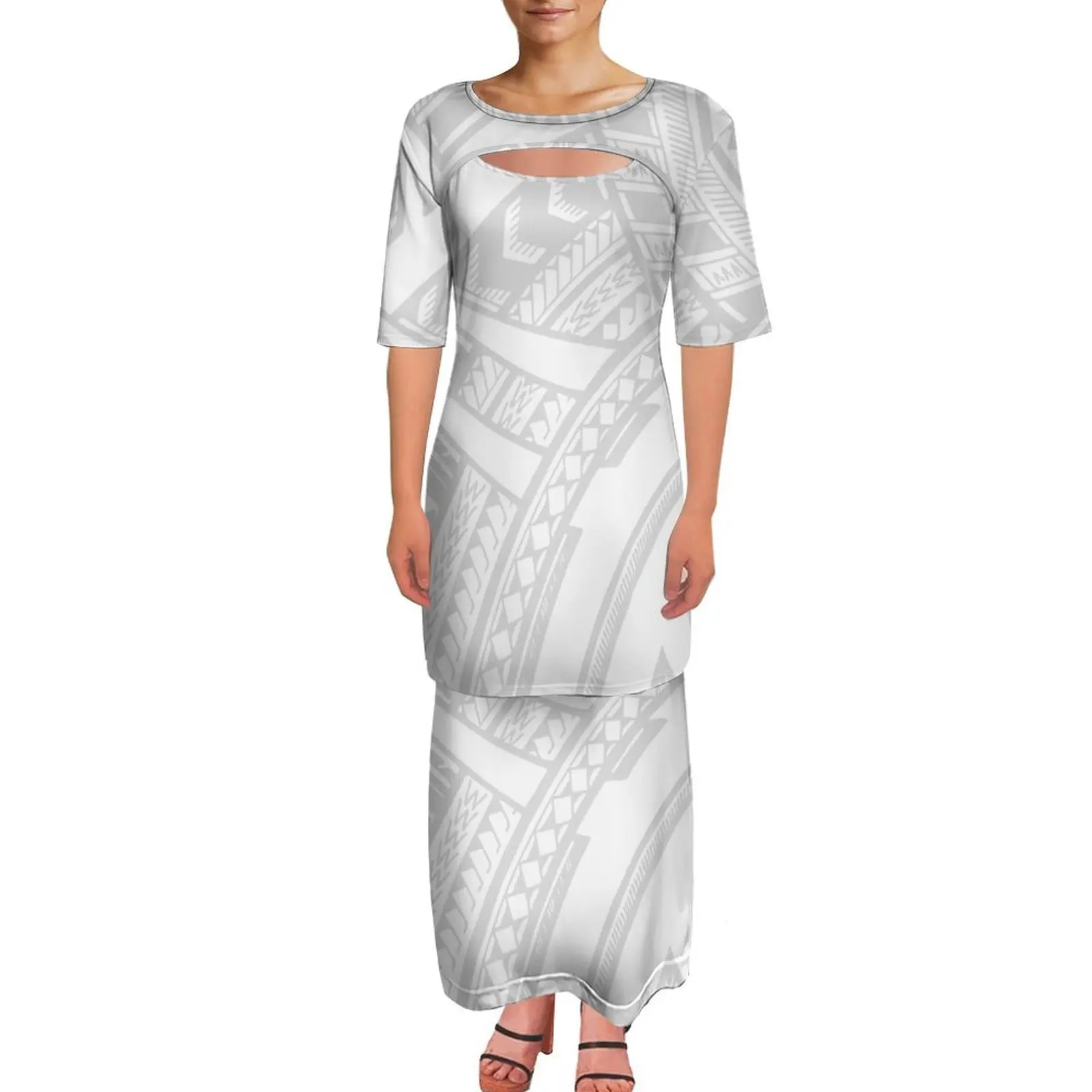New Festive Polynesian Woman Puletasi Dress White For Sunday Party Large Size With Elegant Long Dress Featuring White Pattern