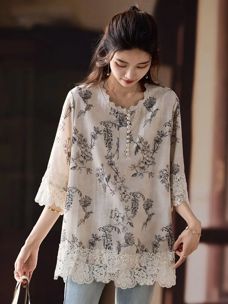 

Fashion Printed Patchwork Nail Bead Shirt For Women's Summer New Style Loose And Slimming Mid Sleeved Shirt Top