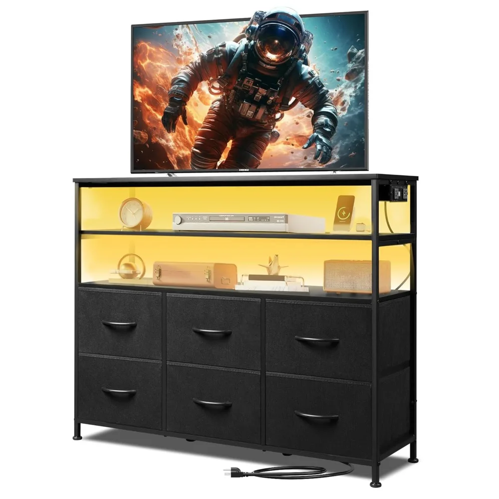 

6 Drawer Dresser for Bedroom, Black TV Stand for 40, 45 inch TV with LED Lights & Charging Station, Fabric Dressers, Ches