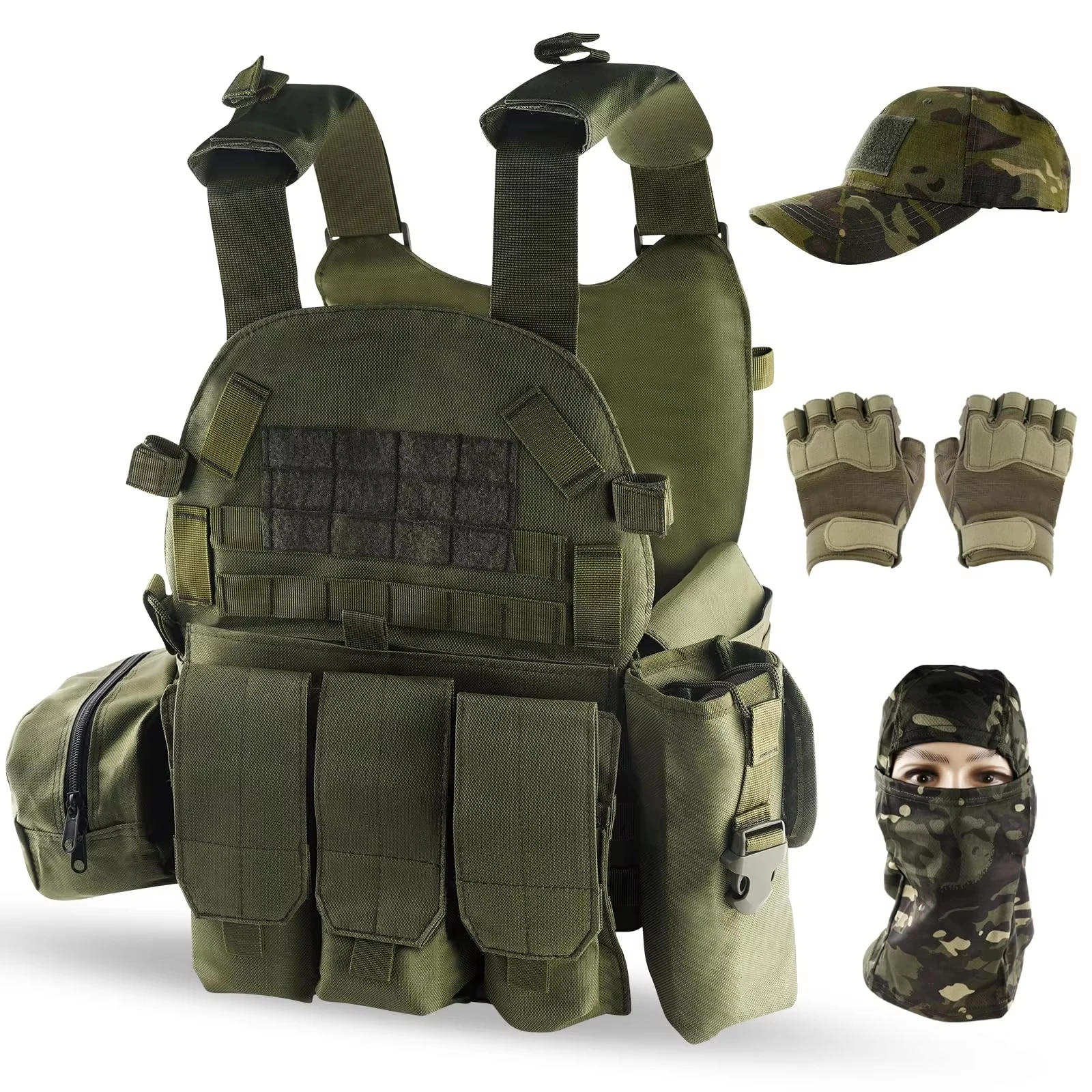 

Tactical Vest Set for Men Quick Release Airsoft Vest Equipment with Hat Half-finger Glove Visor for Paintball Shooting Camping