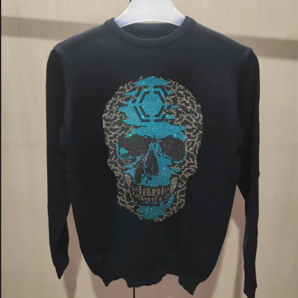 الرجال حجر الراين سترة الجمجمة البلوز الموضة العصرية طاقم الرقبة طويلة الأكمام الفاخرة الشارع الشهير العلامة التجارية ملابس الذكور عادية