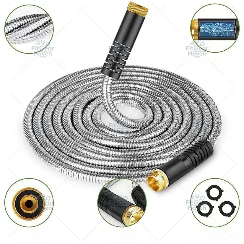 Household Stainless Steel Garden Hose with High-Pressure Water Gun, Garden Irrigation Tool Set