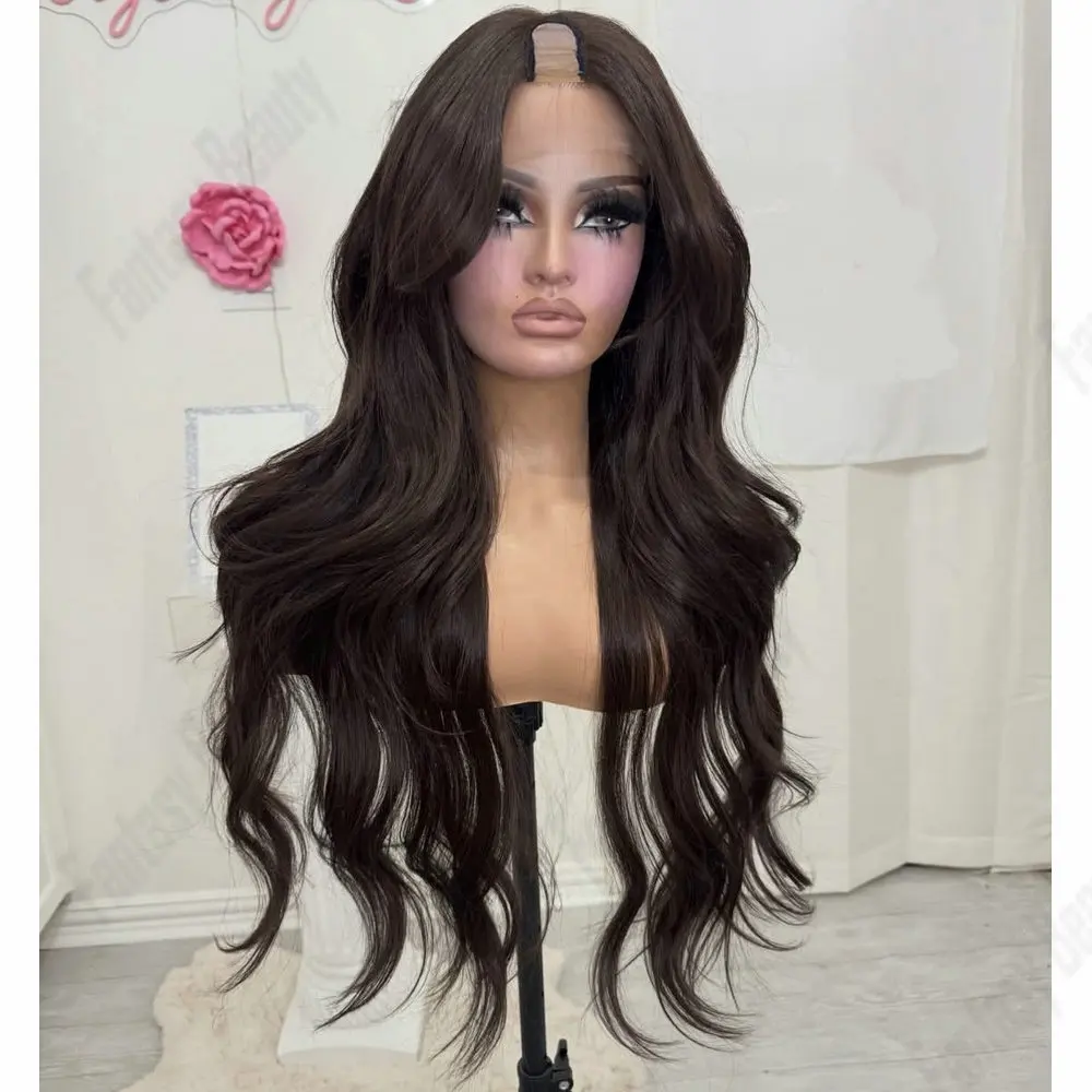 

Натуральный волнистый парик U-образной формы 1X4 из человеческих волос для женщин, без клея, полностью машинной работы, с заколками, легко надевается, темно-коричневый 1 # 4 # Натуральный черный