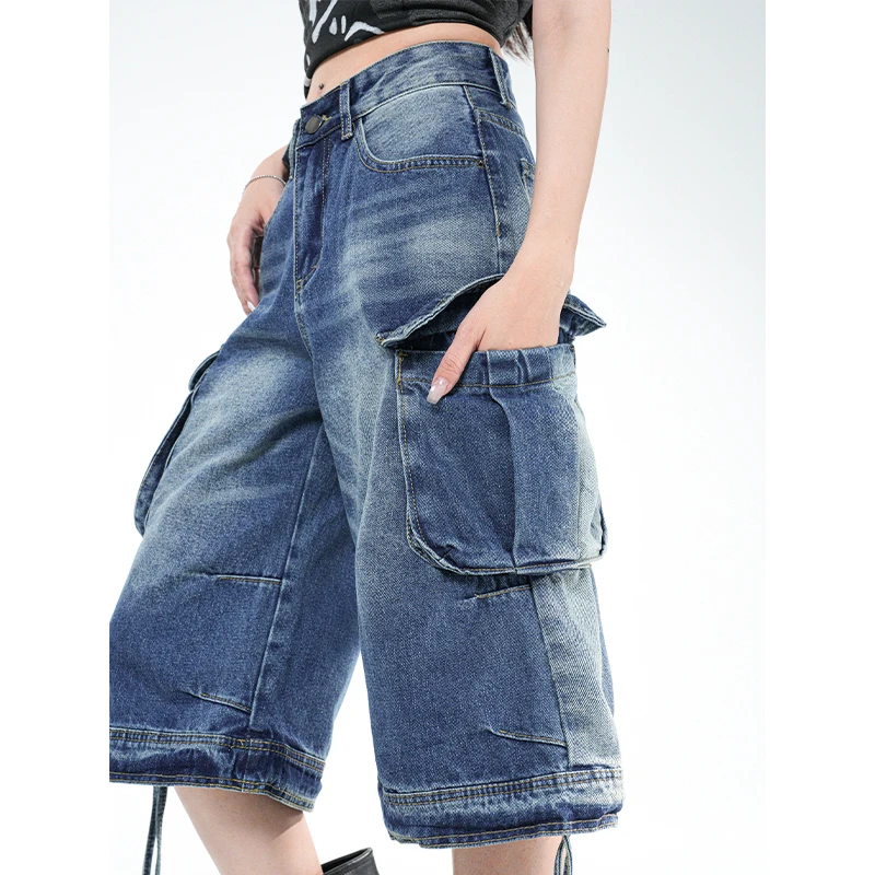 High Waist Denim Straight Midi Cargo Shorts Jeans Women Y2K Streetwear Casual Retro Multi-pocket Knee Length Short Pants Femme