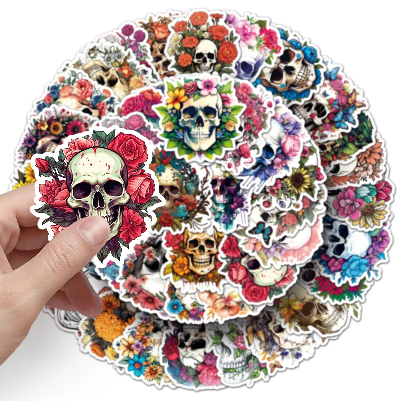 10/50pcs Punk Style Skull Flowers Stickers Aesthetic Graffiti Decals For Fidge Motorcycle Luggage PVC Waterproof Cool Sticker