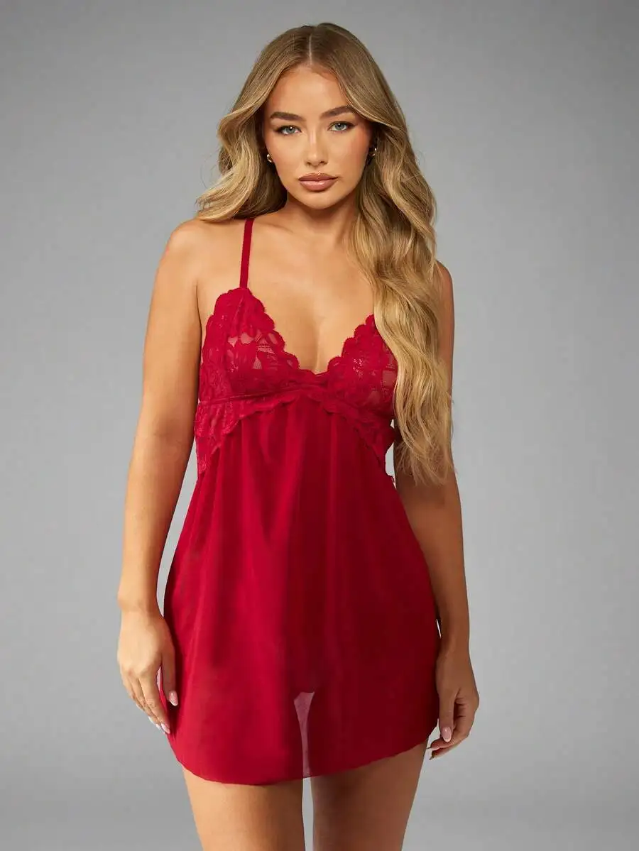 

Elegant Lace Trim Satin Babydoll Nightgown Adjustable Cross Back Strap Lounge Sleep Dress