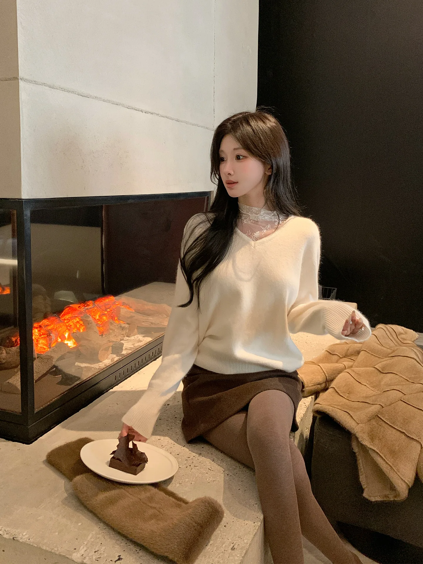 

Women's Loose Knitted Sweater f High Collar Lace Splicing Soft Warm Winter Top Commute Sle Long Sve V-Ne Turtlene